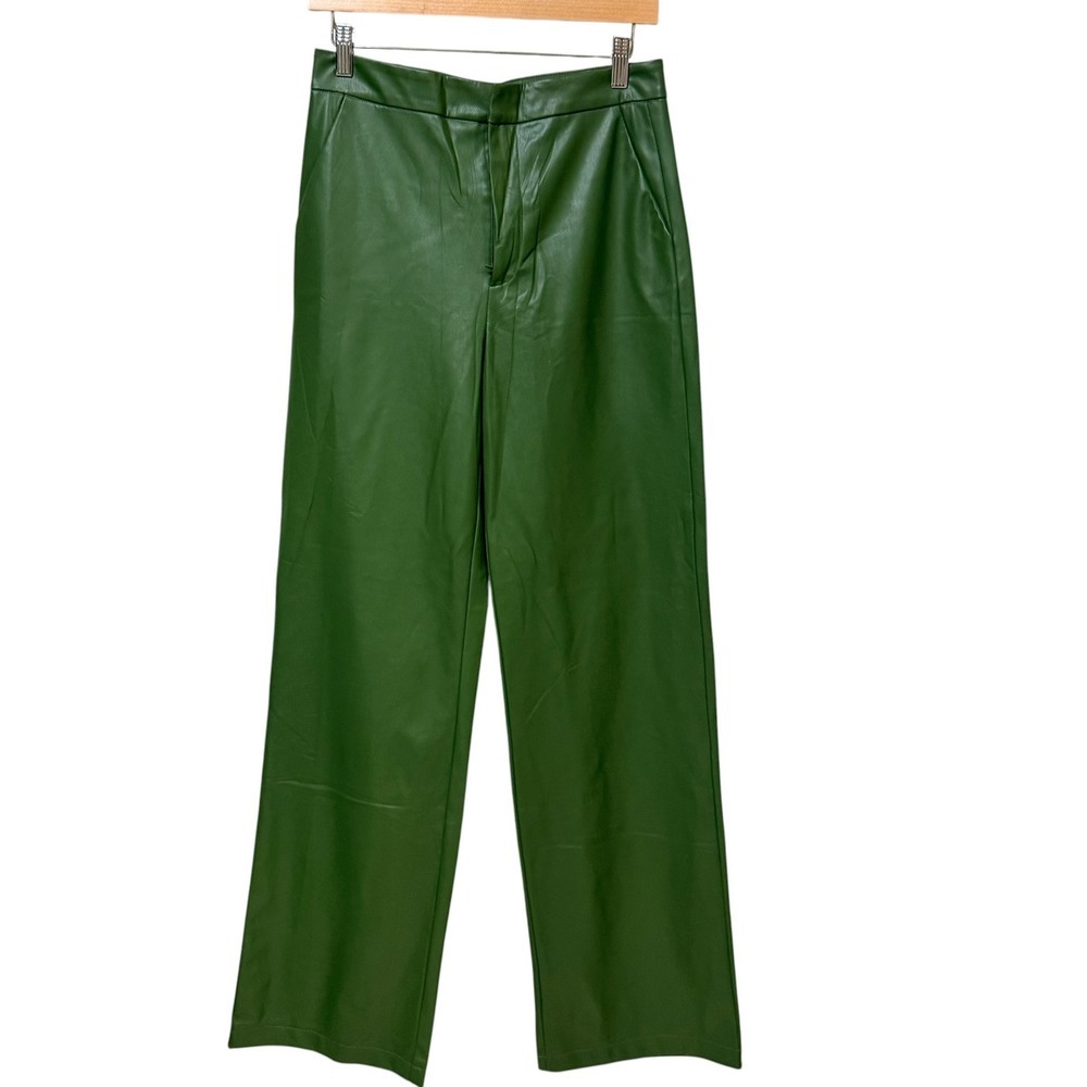Zara Womens Green Faux Leather Wide Leg High Rise Trousers Pants Size S